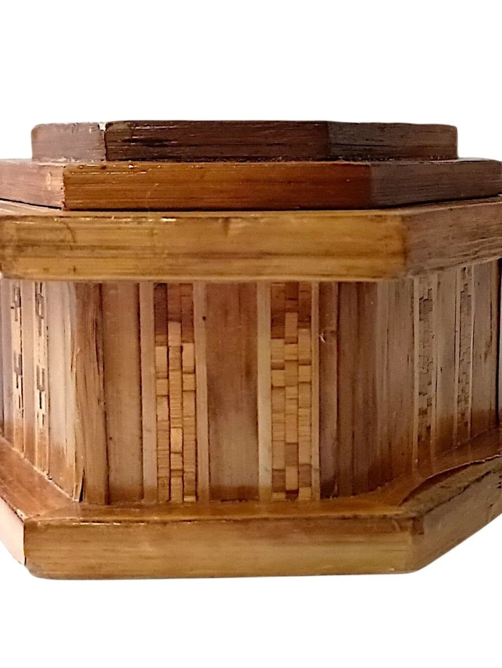 Vtg Straw Bamboo Inlaid Marquetry Trinket Jewelry‎ Box Wood Velvet Tramp Boho